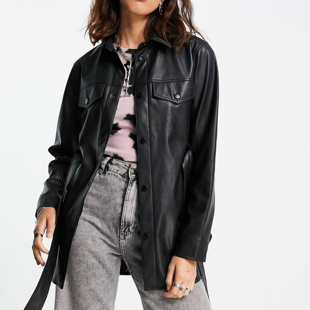 Rebecca Minkoff Vegan Leather Black Belted Shirt Shacket Jacket Size M NWT